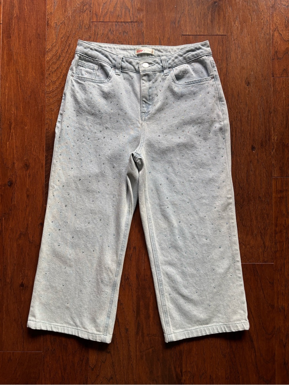 Intempo Rhinestone Crystal Wide Leg Crop Jeans Light Wash | Size 6 - Picture 7 of 15